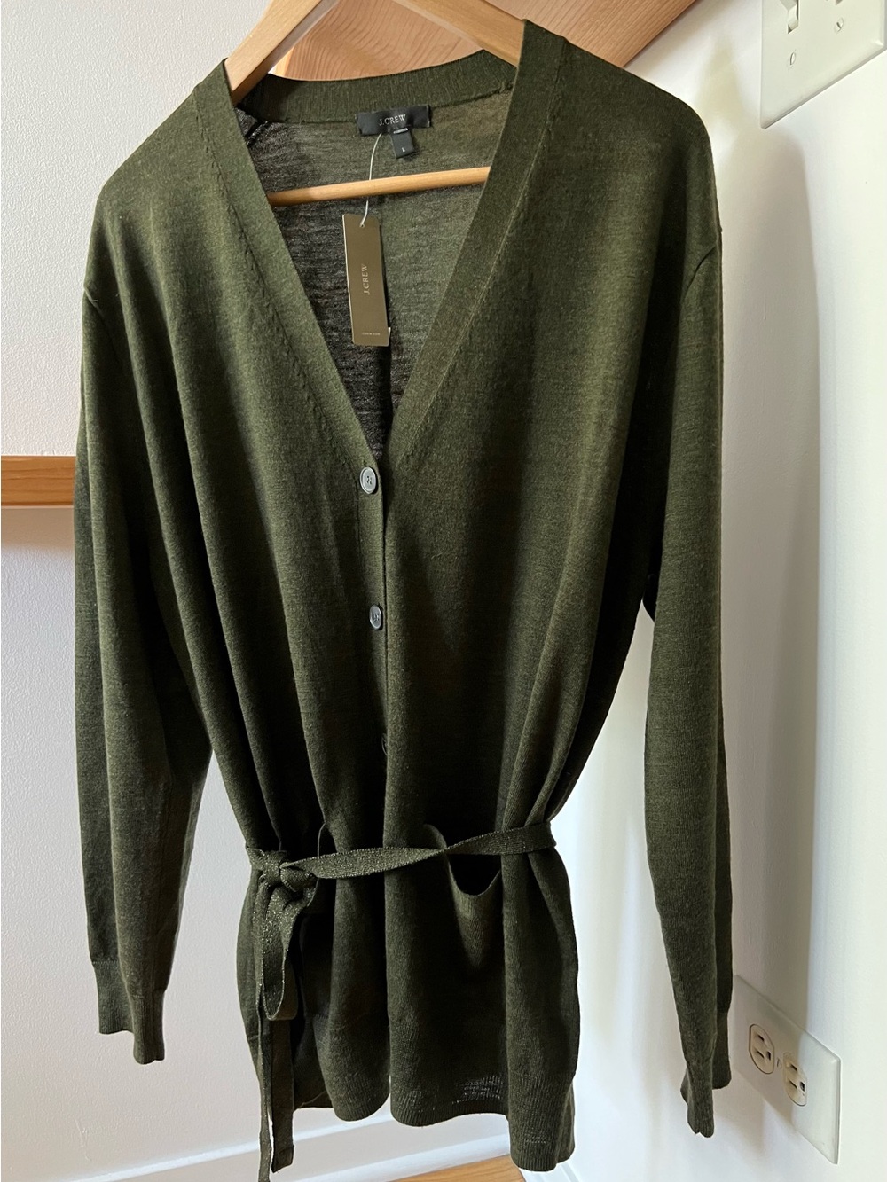 J. Crew Olive Green 100% Marino Wool Button-Front Belted Cardigan